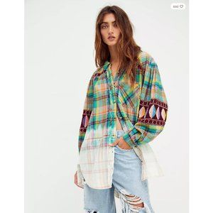 Free People embroidered lace-up plaid shirt dress